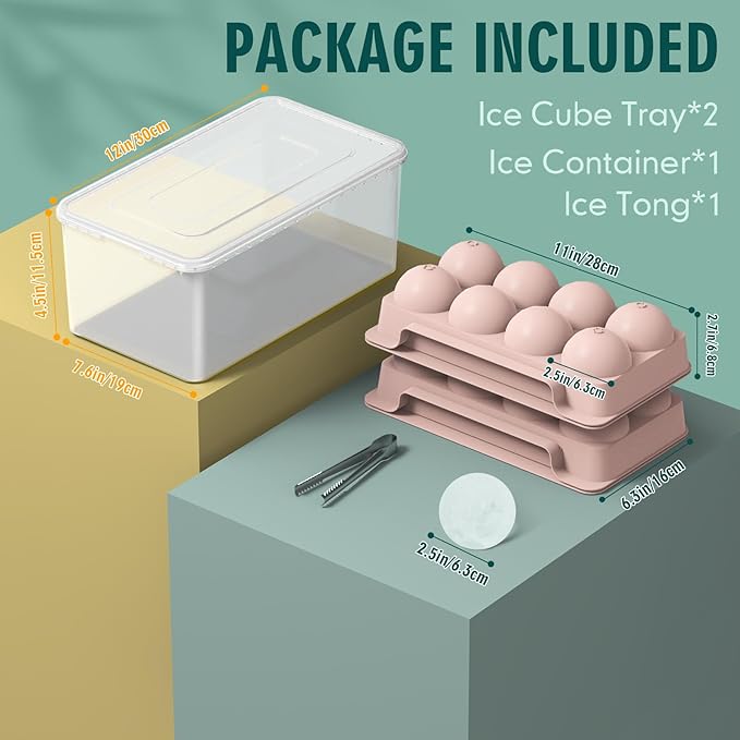 WIBIMEN Large Ice Cube Molds, Big Round Whiskey Ice Cube Trays for Freezer, Easy to Fill & Release, Whiskey Bourbon Cocktail(2.5In*8 Balls- Pink/2 Pack)
