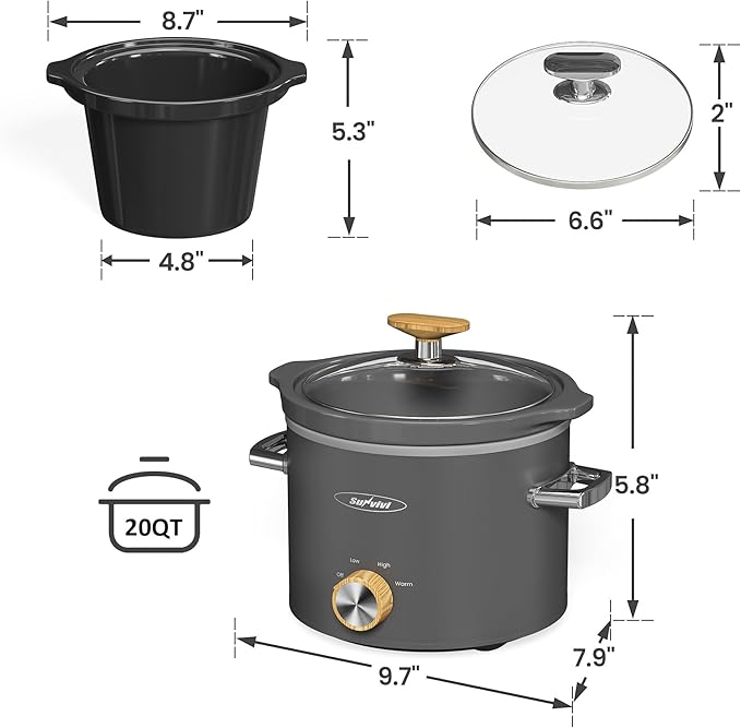 Sunvivi 2 Quart Slow Cooker, Small Slow Cooker with Removable Ceramic Pot, Slow Cookers Food Warmer with 3 Heating Settings & Dishwasher Safe Glass Lid, Grey