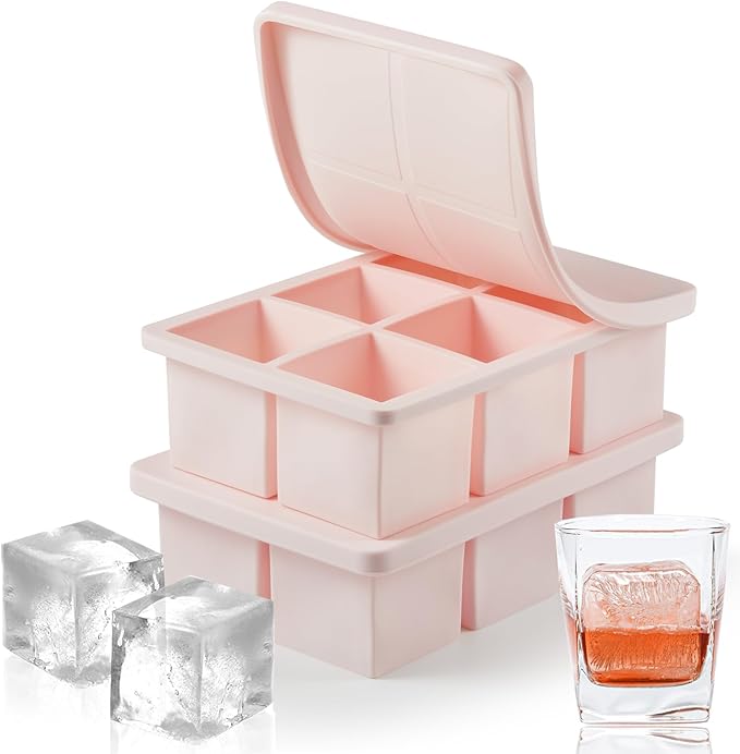 Nax Caki Pink Large Ice Cube Tray with Lid Pack of 2, Stackable Big Silicone Square Ice Cube Mold for Whiskey Cocktails Bourbon Soups Frozen Treats, BPA Free