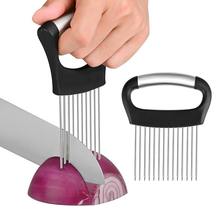 【2 PCS】Onion Holder for Slicing - Stainless Steel Vegetable & Fruit Cutter Chopper for Onions, Tomatoes, Avocados, Potatoes, Eggs, Meat & Lemon - Kitchen Slicer Assistant with Neat Guide & Tenderizer.