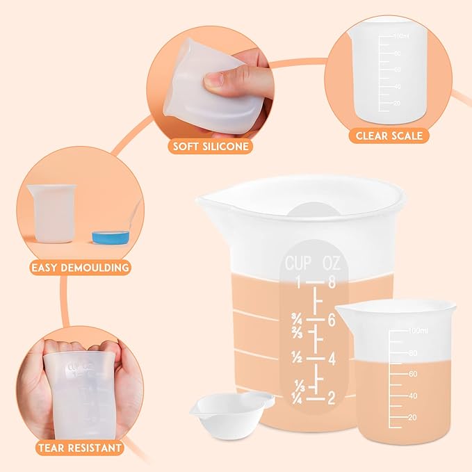 Silicone Resin Measuring Cups Tool Kit, Non-Stick Silicone Cups for Epoxy Resin, Reusable 250&100ml Silicone Mixing Cups with Stir Sticks, Pipettes, Epoxy Resin Supplies, Molds, Jewelry Making