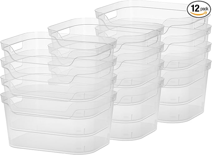 Sterilite 7 x 11 x 14.25 Inch Polished Open Scoop Front Storage Bin with Comfortable Carry Through Handles for Household Organization, Clear (12 Pack)