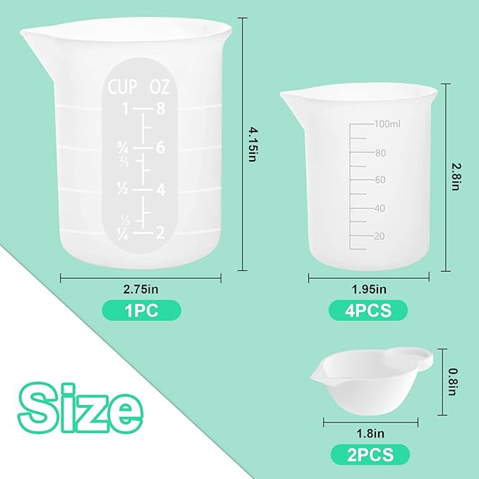 7 PCS Silicone Measuring Cups Kits,1 PCS 250ml Silicone Cups,4 PCS 100ml Non-Stick Mixing Cups,2 PCS 10ml Silicone Mold Cup Dispenser, for Casting Moulds,Jewelry Making,DIY,Crafts