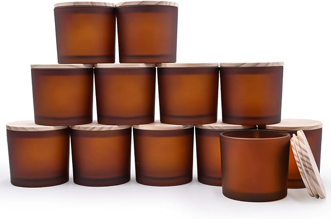 SHOWIN 12 OZ Thick Candle Jars for Making Candles 12 Pcs, Empty Amber Jars with Wood Lids for Spice Jars, Sample Container, Frosted Brown