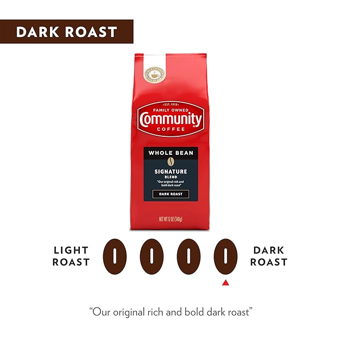 Community Coffee Signature Blend Whole Bean Coffee, Dark Roast, 12 oz Bag (Pack of 6)