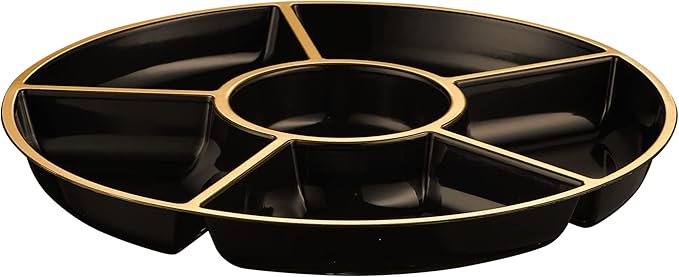 Plasticpro 6 Sectional Round Plastic Serving Tray/Platters Black & Gold Pack of 8