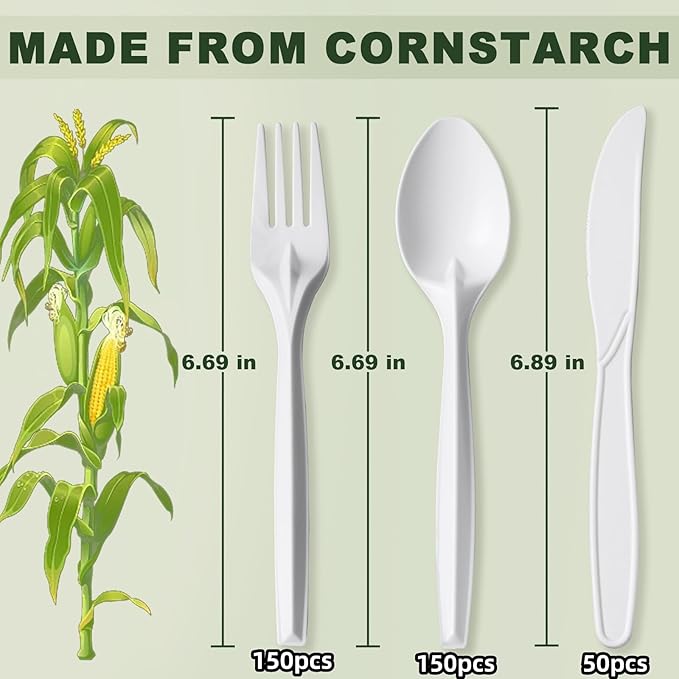 350pcs Compostable Cutlery Set Eco-friendly Heavy Duty Compostable Utensils Disposable silverwar No Plastic Biodegradable Utensils for party BBQ, Picnic Events,Daily Use