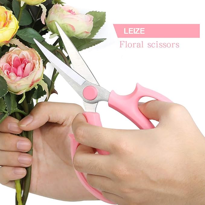 Leize Flower Scissors, Premium Thickened Stainless Steel Floral Shears, Strong Pruner for Flowers, Branches and Leaves (Grey Green Slender 2Pics)