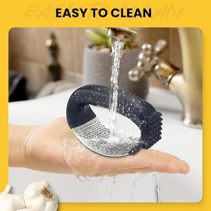 Garlic Press Rocker Stainless Steel, Garlic Crusher with Peeler & Cleaning Brush, Easy to Use Garlic Mincer for Kitchen Cooking, Ergonomic Garlic Chopper Tool, Durable Garlic Presser Gadget (Green)