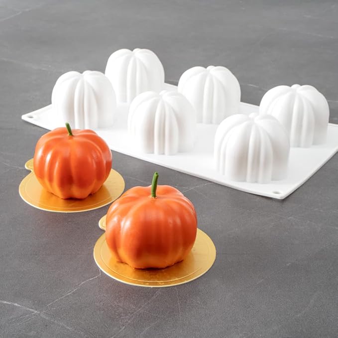 Restaurantware-Pastry Tek 6 Cavities Pumpkin Cake Mold, 1 Oven-Ready 3D Pumpkin Mold - Flexible, Freezable, White Silicone Baking Mold, Easy Release, For Baking Treats