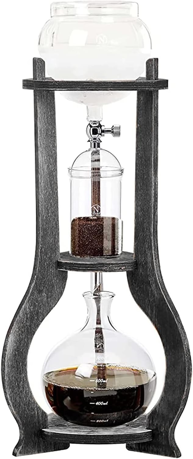 Cold Brew Coffee Maker, 600 ml/20.29 oz Iced Coffee Tower Dripper Coffee Maker & Tea Maker 6-8 Cups, High Borosilicate Glass, Wood, 304 Stainless Steel, Copper - for Home Office (Grey)