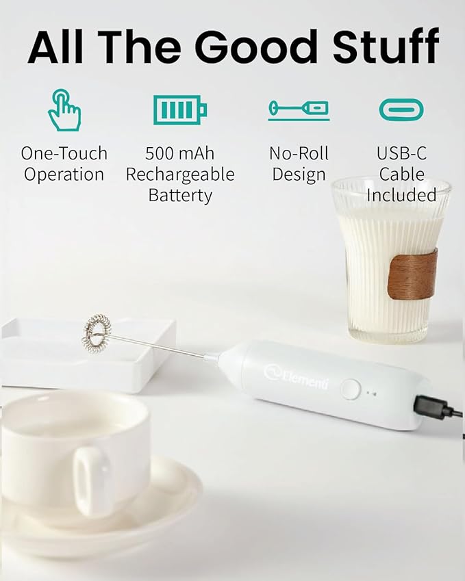 Elementi Milk Frother Rechargeable Drink Mixer Wand - Powerful USB-C Rechargeable Frother & Coffee Mixer Wand - Hand Held Milk Foamer Whisk to Make Perfect Cappuccinos, Lattes & Drink Mixes (White)