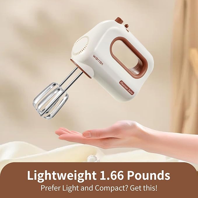 300W Compact Lightweight Electric Hand Mixer, with Powerful Quiet DC Motor for Baking, Cake, Brownies, Cookie Dough, Ideal for Home Kitchen (White)