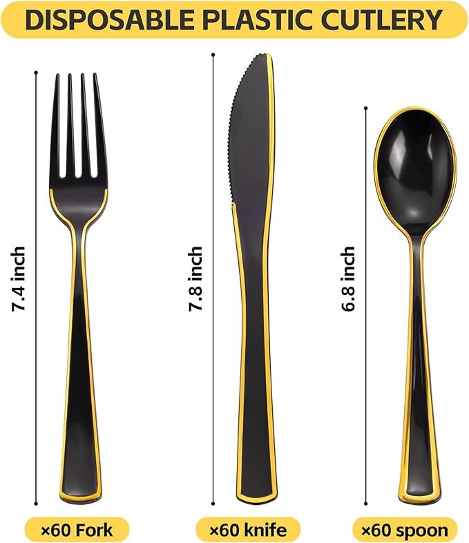 WDF 180 Pieces Black and Gold Plastic Silverware -Halloween Black Plastic Cutlery Incluede 60 Forks 60 Knives 60 Spoons Heavy Duty Disposable Flatware - Gold Utensils for New Year/Party/Daily Use