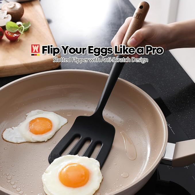 Silicone Head cooking & Serving Spoon + Slotted Spatula Set: Cookling Utensil with Long Wooden Handles, Heat Resistant Cookware, Protects Surfaces with Gentle Head Design