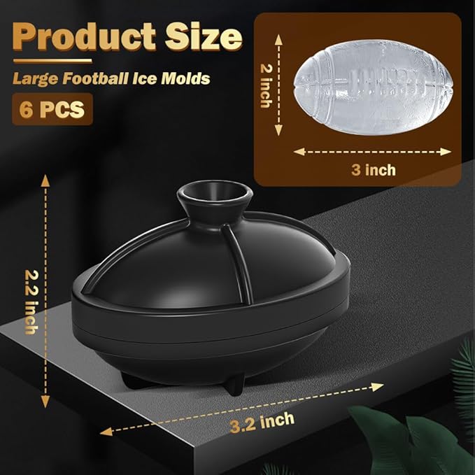 6 Pack Silicone Football Ice Cube Molds 2.2 Inch Large Silicone Fun Shapes Novelty Football Gifts Craft Round Sphere Ice Ball Molds for Cocktails, Bourbon, Brandy, Whiskey (6, Football)
