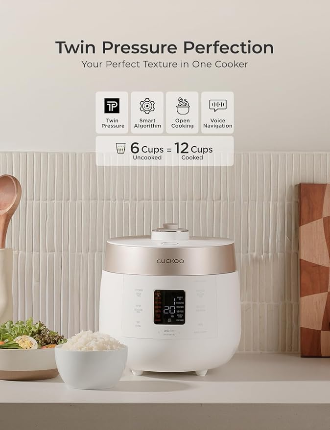 CUCKOO Twin Pressure Rice Cooker 6-Cup Uncooked / 12-Cup Cooked with Nonstick Inner Pot, Versatile Rice Maker & Warmer with 16 Menu Options, Open Cooking Mode, Voice Guide, White (CRP-ST0609FW)