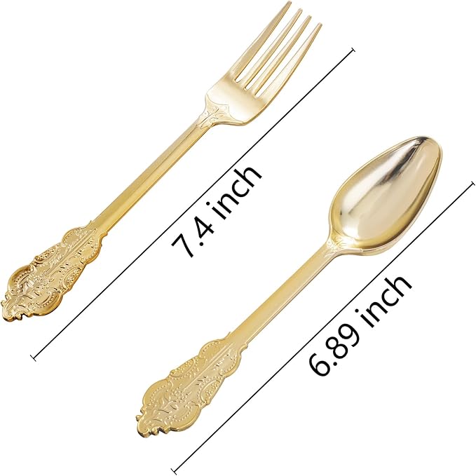 BUCLA 200 Piece Gold Plastic Silverware - Baroque Style Gold Plastic Forks and Spoons - 100 Forks and 100 Spoons for Weddings, Parties & Thanksgiving