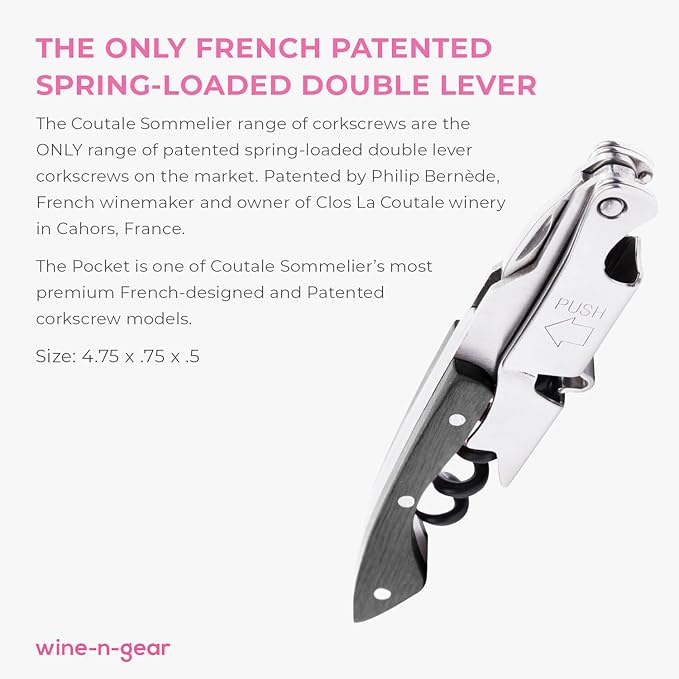 Pocket Prestige Waiters Corkscrew By Coutale Sommelier - Blackwood - French Patented Spring-Loaded Double Lever Wine Bottle Opener for Bartenders and Gifts - Sharp Micro-Serrated Knife