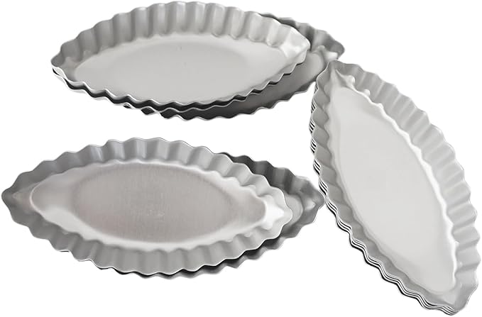 10PCS Egg Tart Pan Boat Shape, Aluminum Small Fluted Oval Tart Mold, Boat Molder for Baking Wavy Tartlet, Fruit Tats, Quiches - Silver