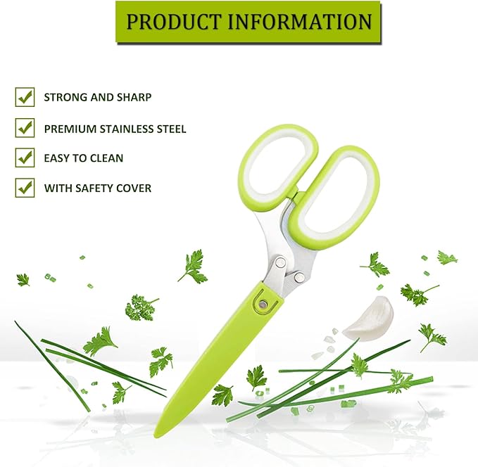 2 Pack Herb Scissors, Herb Scissors with 5 Blades and Cover, Multi Blade Kitchen Scissors for Cutting, Shredding and Cooking Cilantro Onion Salad Garden Herbs, Dishwasher Safety (Green)