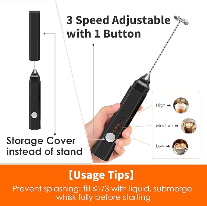 Rechargeable Milk Frother Handheld 3 Speed Adjustable, Electric Whisk Foam Maker, Handheld Drink Mixer, Mini Frother Wand with Stainless Steel Whisk for Coffee, Lattes, Cappuccinos, with Storage Cover