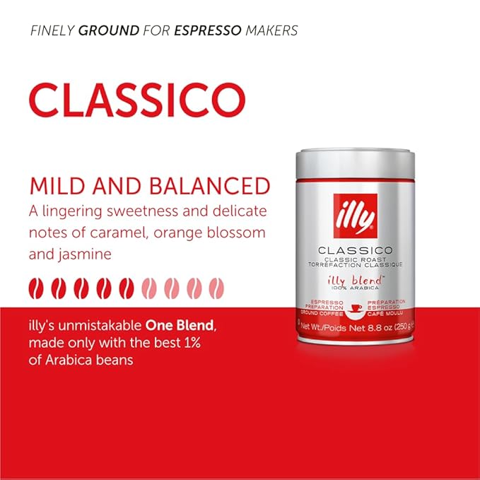 illy Ground Coffee Espresso - 100% Arabica Coffee Ground – Classico Medium Roast - Notes of Caramel, Orange Blossom & Jasmine - Rich Aromatic Profile - Precise Roast - No Preservatives – 4.4 Ounce