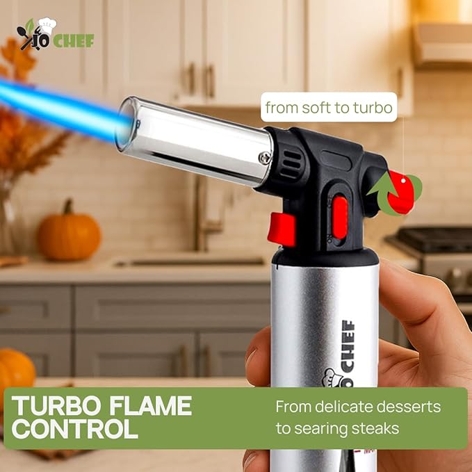 Jo Chef Kitchen Torch with Butane Included – Refillable butane torch Lighter with Safety Lock & Adjustable Flame, Culinary Blow Torch for Cooking, Creme Brulee and Soldering 2 Cans (3.38oz) Included