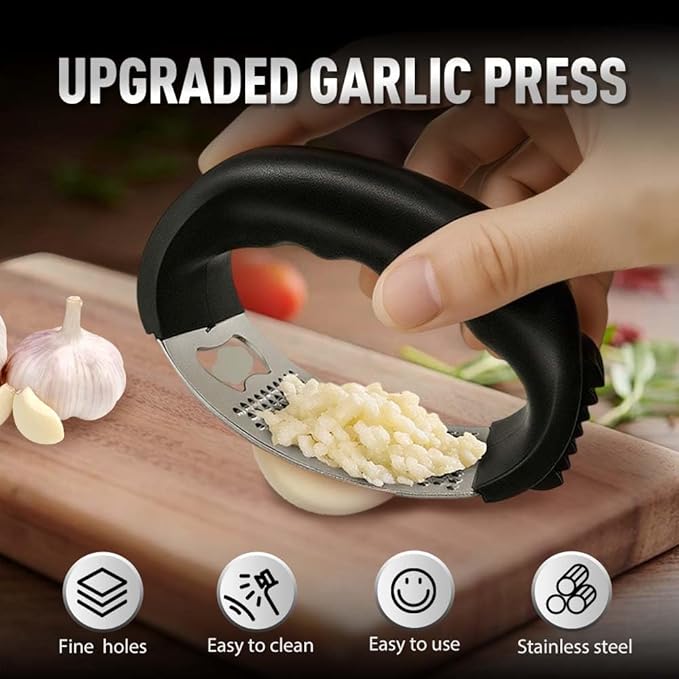 Stainless Steel Garlic Press Rocker, 2025 New Garlic Mincer and Garlic Crusher, Easy-Squeeze Garlic Tool with Peeler and Cleaning Brush for Smashing Garlic (A2-1Pcs)