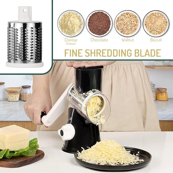 Rotary Cheese Grater with Handle Vegetable Shredder Round Kitchen Slicer Mandoline Grater for Vegetable, Nuts, Chocolate, Chesse, White, 3 Stainless Steel Blades