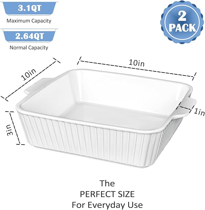 Casserole Dishes for Oven, 10'' Square Casserole Baking Dish, 2 Pack Ceramic Baking Dishes, Bakeware Sets with Handles, Lasagna Pan for Baking, Cake, Kitchen, Microwave, Dishwasher Safe