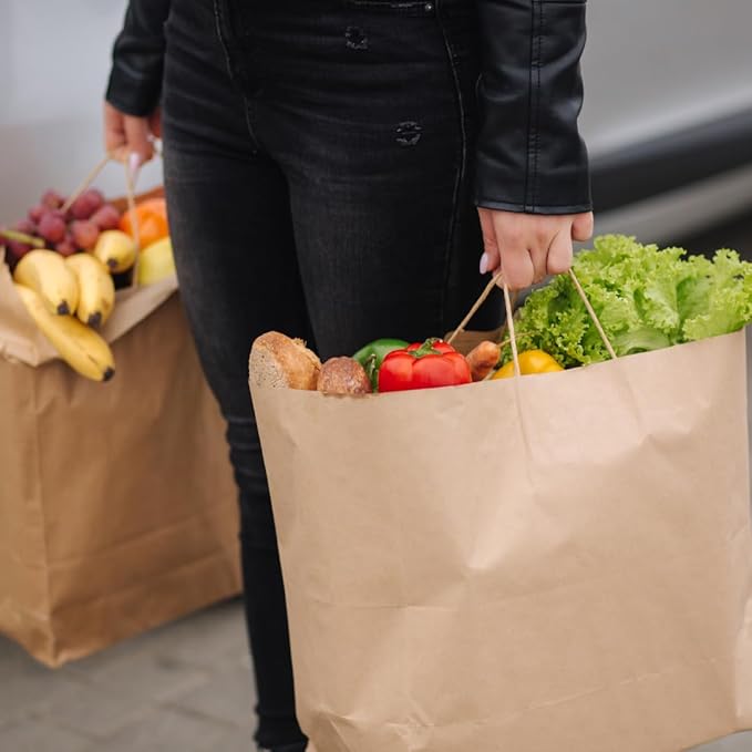 ASSUREPAK DIY Earth Friendly Grocery Paper Bag - 250 Bags - 13"x7"x13" - 74LB (110 GSM strong) - Twisted Handle - Kraft/Natural - Recyclable Food & Supermarket Bags for Decorating & Branding