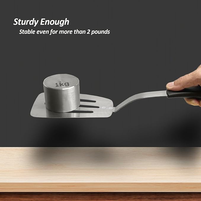 Stainless Steel Spatula, Flexible Metal Slotted Turner for Cast Iron Skillet, Thin Blade and Heat Resistant Silicone Handle, Great for Egg, Cookie, Meat, Crep, Large