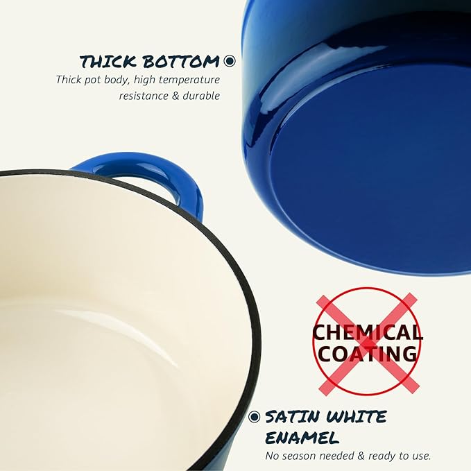 Overmont Enameled Cast Iron Dutch Oven - 4.5QT Pot with Lid Cookbook & Cotton Potholders - Heavy-Duty Cookware for Braising, Stews, Roasting, Bread Baking blue