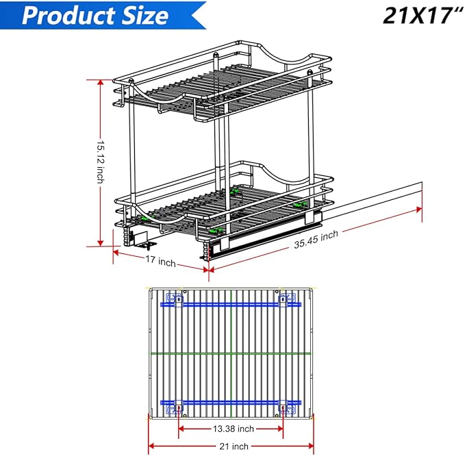 FULGENTE Chrome Finish Pull Out Drawer Cabinet Organizer 2 Tier (17" W * 21" D*15.12''H) Professional Sliding Pantry Shelves Under Kitchen Bathroom Sink Wire Drawer Storage Roll Out Shelf Basket
