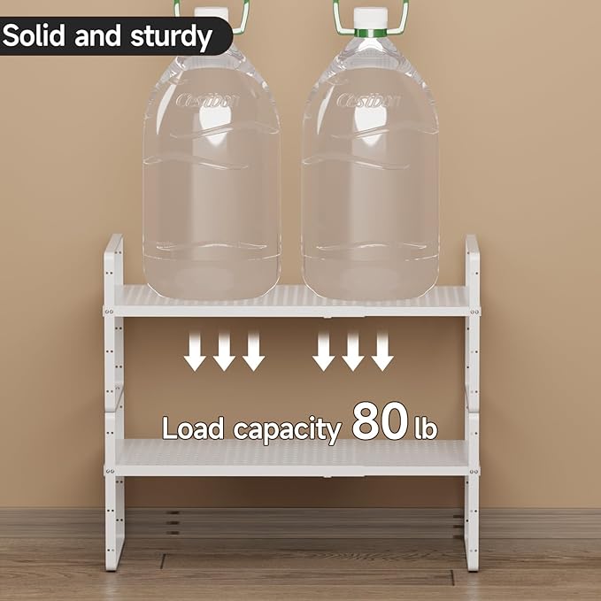 Expandable Cabinet Countertop Shelves 16.5-27’’L, Adjustable Metal Spice Rack Organizer, Stackable Kitchen Counter Storage Shelves Organizers for Cabinet Organization, White