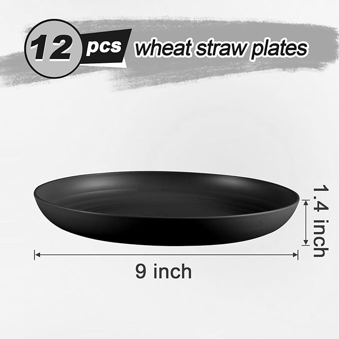 12 Pcs Unbreakable Deep Dinner Plates Set, 9 inch Reusable Plastic Wheat Straw Plates, Microwave and Dishwasher Safe Plate for Kitchen, Lightweight Plate for Dessert, BPA Free, Black
