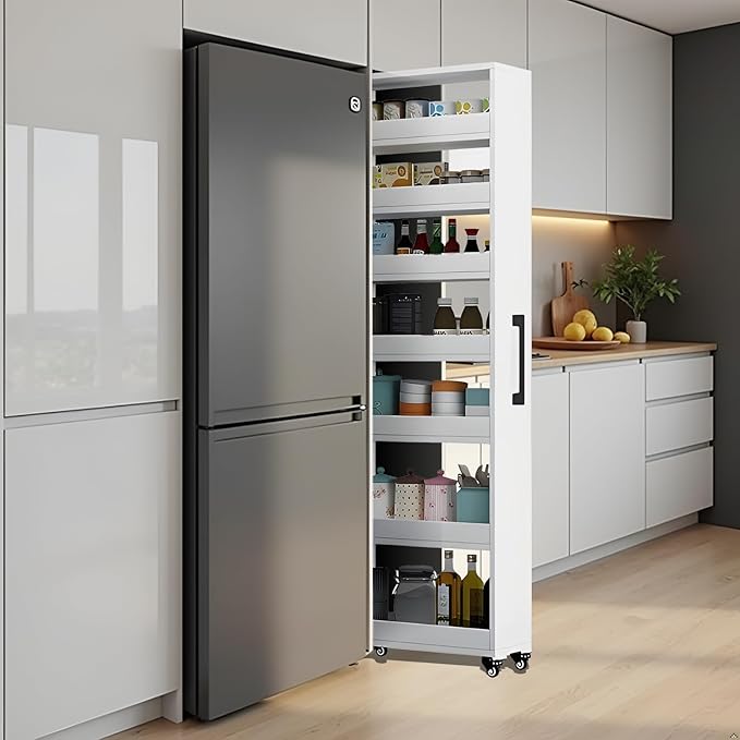 7-Tier Slim Storage Cart, Wooden Rolling Pantry Cabinet with Wheels, Narrow Shelf Organizer for Kitchen, Bakers Rack, Dining Room, Closet, Small Spaces Teak 47.2" H*7.8" W*23.6" D