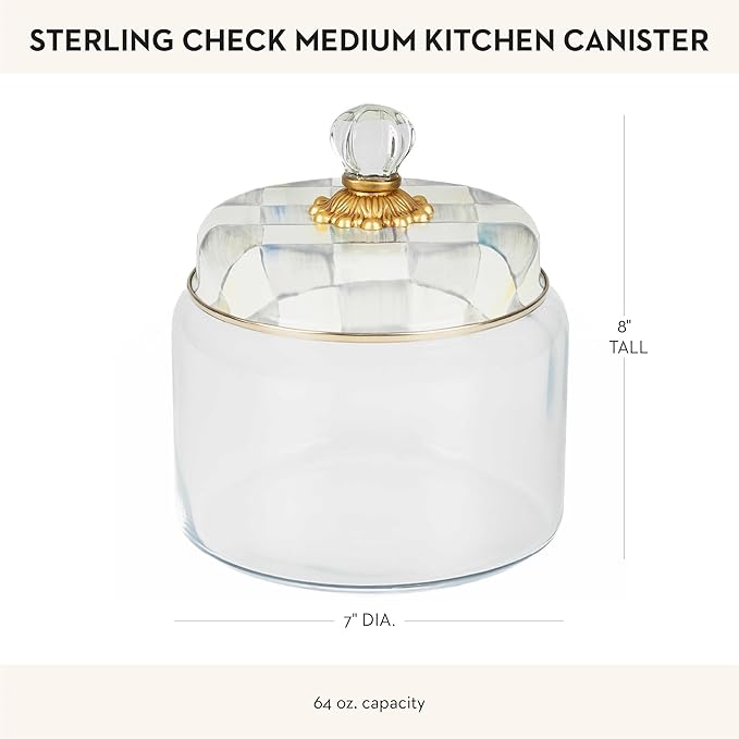 MACKENZIE-CHILDS Sterling Check Kitchen Canister, Decorative Gray-and-White Glass Storage Jar with Lid, Medium