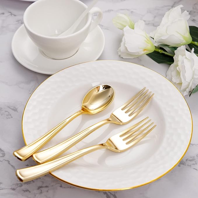 BUCLA 200-Piece Gold Plastic Silverware - Heavy Duty Disposable Cutlery Set - 100 Gold Plastic Forks & 100 Spoons for Catering, Party, Dinner, Wedding & Thanksgiving