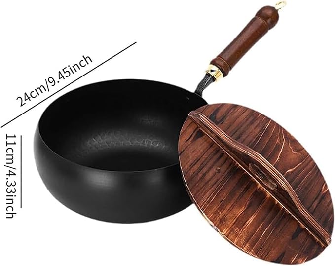 Jinswhdre Cast Iron Skillet, 9.5/11in Jinswhdre Japanese Irons Pan, Hand Forged Uncoated Iron Pan with Lid Spatula, Non-stick Wok for Cooker Gas Stir Fry Pans Durable and Rust-Free (Glass Lid,11in)