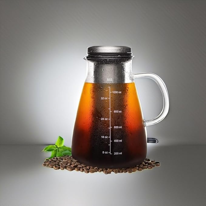 Cold Brew Iced Coffee Maker 34oz, Brewed Coffee Pot with Removable Double Mesh 304 Stainless Steel Filter, BPA-Free Cold Brew Pitcher Glass Container, Tea Maker