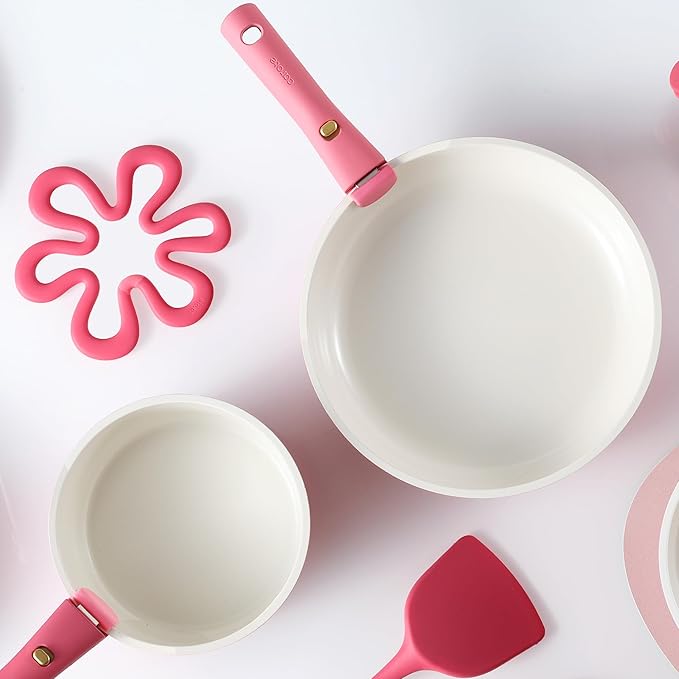 CAROTE Ceramic Sauce Pan Sets with Stand-Up Lid 2QT, 3QT & 4QT, 11 Piece NonStick Kitchen Cookware Sets with Detachable Handle, Non Toxic Cooking Pot, Oven Safe, Induction Ready, Pink