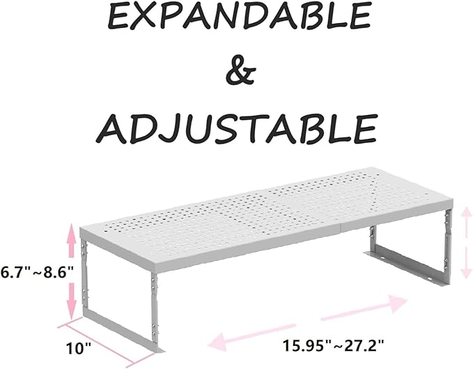 Stackable Expandable Metal Shelf Organizer - Adjustable Wire Storage Rack with Holes for Kitchen, Bathroom, Cabinet, Office - Space Saving, Durable & Sturdy Design（3PACKS/Large/White