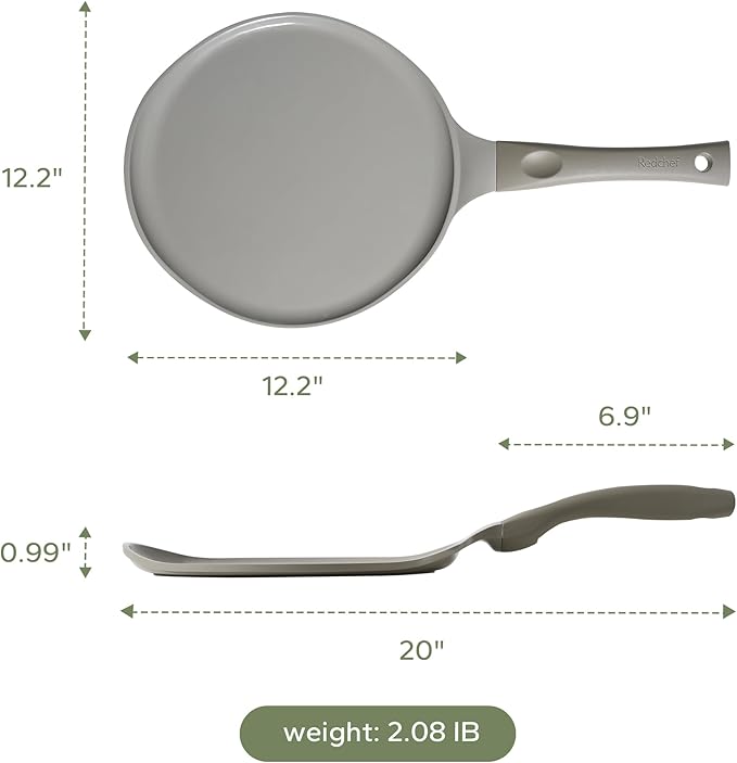 Redchef Nonstick Crepe Pan Nonstick 12 Inch with Ceramic Coatingg, Non Stick Flat Skillet, Professional Pancake Griddle Pan, Induction Compatible, PFAS/PFOA/PTFE Free, Stay-Cool Handle (Gray)