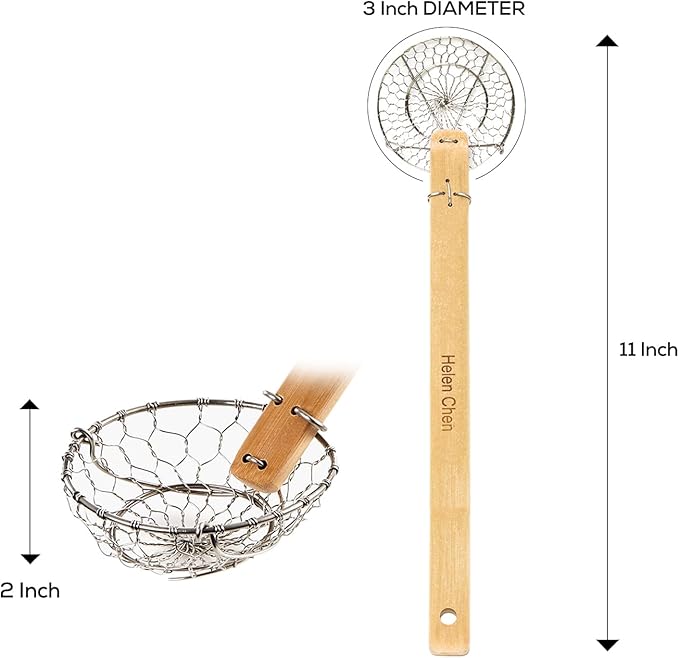Helen’s Asian Kitchen Spider Strainer | Compact 3-Inch Bamboo Wire Mesh Ladle with Handcrafted Handle for Precision Cooking and Small Portions