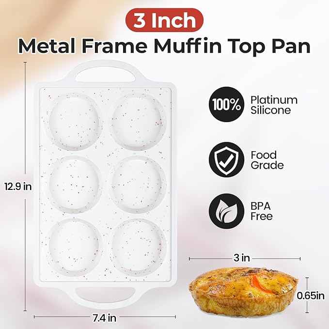 CAKETIME Muffin Top Pan Non Stick, Silicone Egg Molds for Breakfast Sandwiches 3 Inch Round Egg Baking Pan for Oven English Muffins, Whoopie Pies, Corn Bread, Tarts 2 Pack Confetti