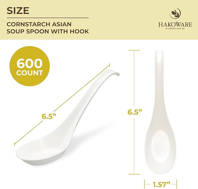 [600 COUNT] HAKOWARE Disposable Asian Soup Spoons with Hook, made from Crystalized Cornstarch, for Take-out Ramen Pho Noodles