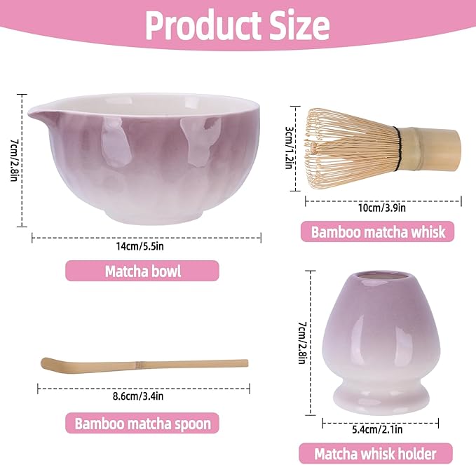 Matcha Whisk Set,4pcs Matcha Set Whisk and Bowl with Spout,Ceramic Matcha Whisk Holder,Scoop(Chashaku),Matcha Kit for Matcha Lovers Kitchen Matcha Accessories,Ideal Gift Christmas(Gradient Purple)
