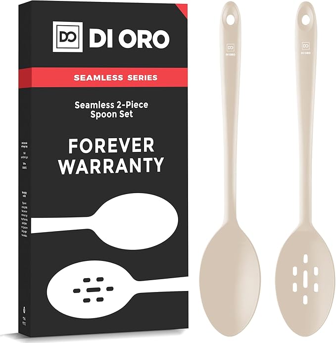 DI ORO Silicone Spoons for Cooking - Large Kitchen Spoons for Mixing, Serving, & Stirring - 600°F Heat-Resistant Non Stick Utensils – Big Solid & Slotted Basting Spoons - Dishwasher Safe (2pc, Clay)